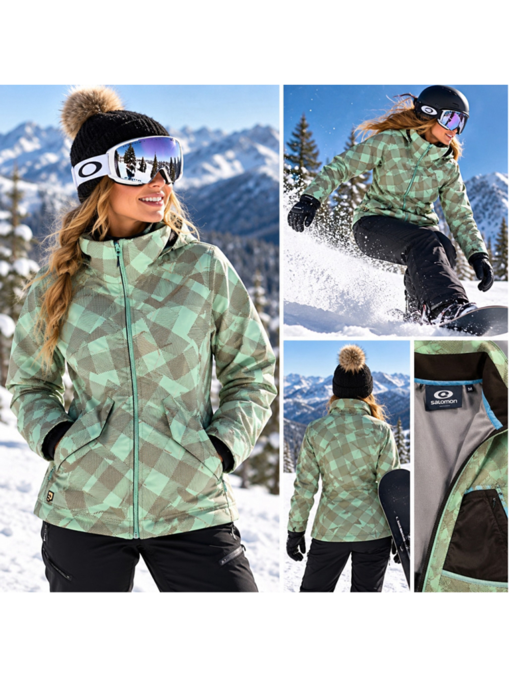 Salomon Women’s Fleece Lined Softshell Ski Jacket Geometric Plaid Mint Brown M